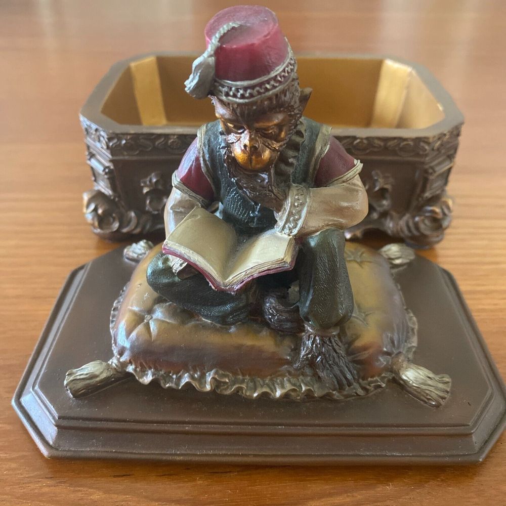 Trinket Jewelry Box Moroccan Monkey Wearing Fez Reading Book Vintage